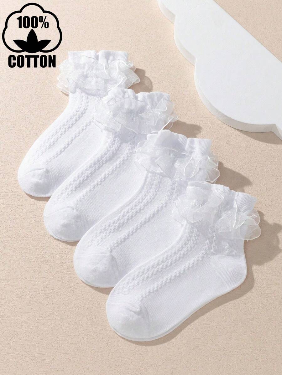 4 Pairs Children Solid Color Lace Dance Ruffle Princess Fashion Versatile Party 100% Cotton Trim Socks - White - View 1