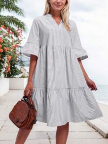 SANOPY Dresses For Women,Summer Dresses,Casual Dresses For Women,Chic Stripes Print Midi Maxi Dress, Ruffle Hem Design - 灰色 - 查看 3