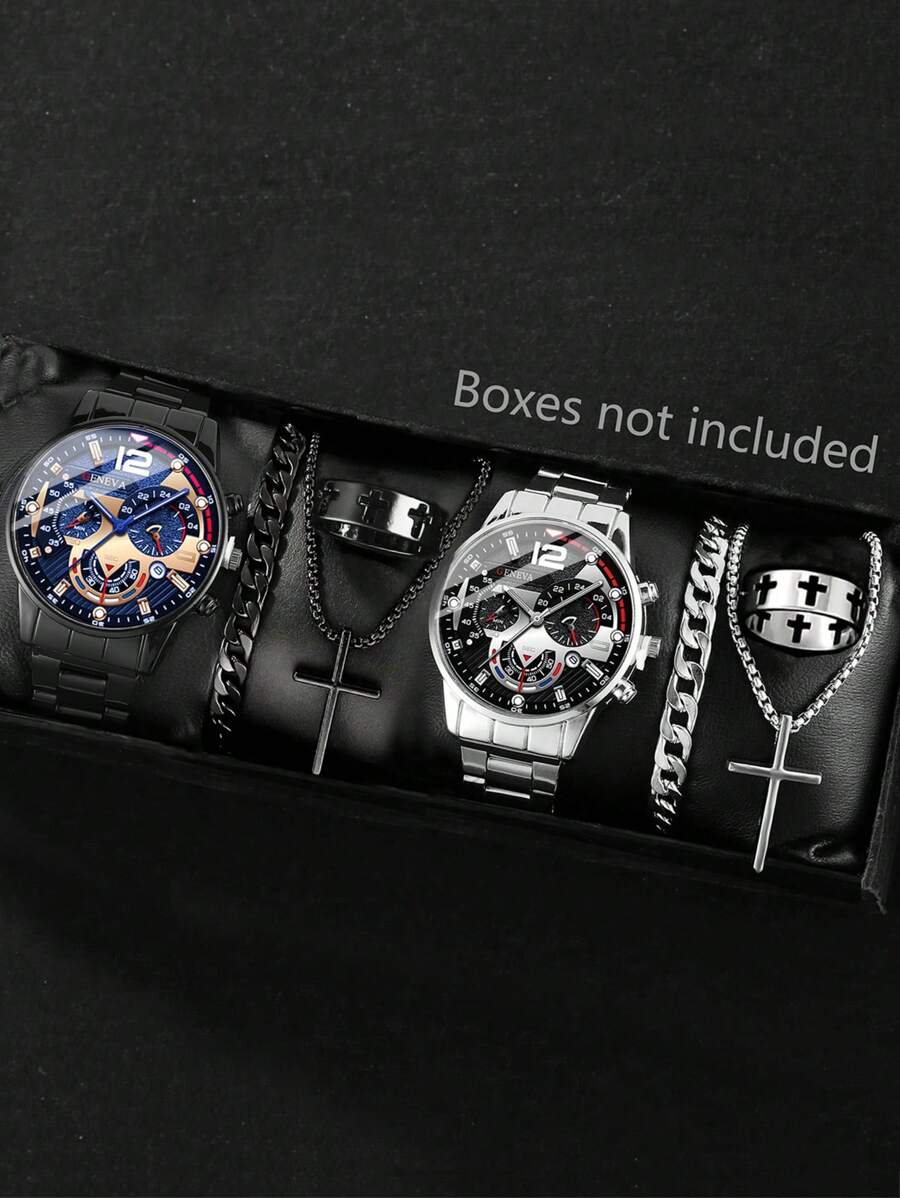 [男士锌合金首饰系列] 8 件男士石英表套装，配黑色圆形表盘、手链、项链、戒指 - 时尚锌合金首饰套装 - 彩色 - 查看 1