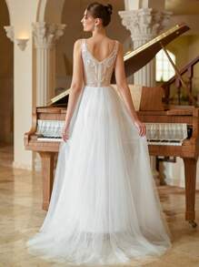 LVNES 复古风V领串珠刺绣新娘礼服——适合婚礼、舞会和毕业典礼 - 白色 - 查看 2