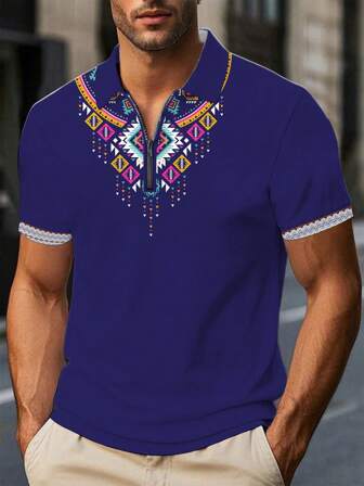 1 件男士复古印花拉链高尔夫衬衫 - 休闲涤纶针织面料，略有弹性，适合瑜伽、徒步旅行、训练、海滩、节日场合 - 普通成年男性风格