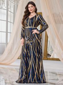 Plus Size Elegant Women V-Neck Long Sleeve Sequin Zebra Print Party Dress With Detachable Belt Wedding - Blue - View 6