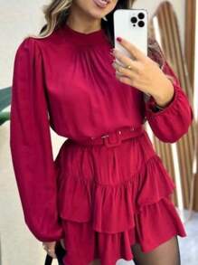 Long Sleeve Dress With Elegant Belt And Double Hem In Duna Fabric - 酒紅色 - 查看 2