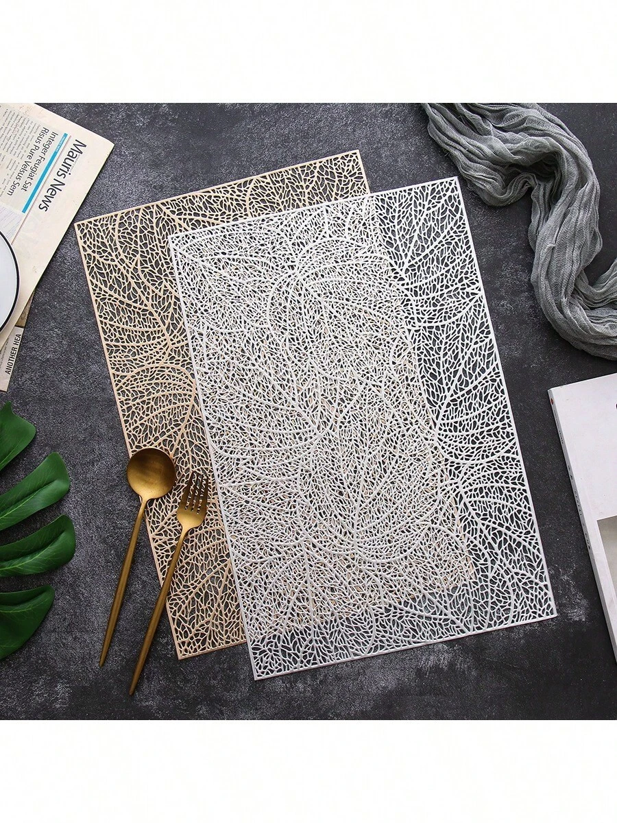 1/2/4/6/8pcs Rectangular Hollow Leaf Pattern Heat-Resistant PVC Placemats