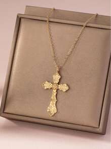 Vintage Cross Pendant Necklace With Floral Pattern, European & American Style - Yellow Gold - View 3