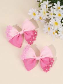 2个卡其棕色和粉色女孩发夹，缎面蝴蝶结，鳄鱼夹，饰有花朵和珍珠，优雅发夹，女孩蝴蝶结发夹，节日礼物，少女发饰 - 彩色 - 查看 4