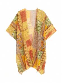 Summer And Spring Women's Splicing Printed Pattern Beach Wear, Loose Cover Top - Yellow - View 4