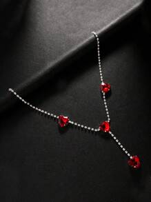 1pc Silver Minimalist Fashion Red Heart Rhinestone Pendant Waist Chain Body Chain, Suitable For Nightclub