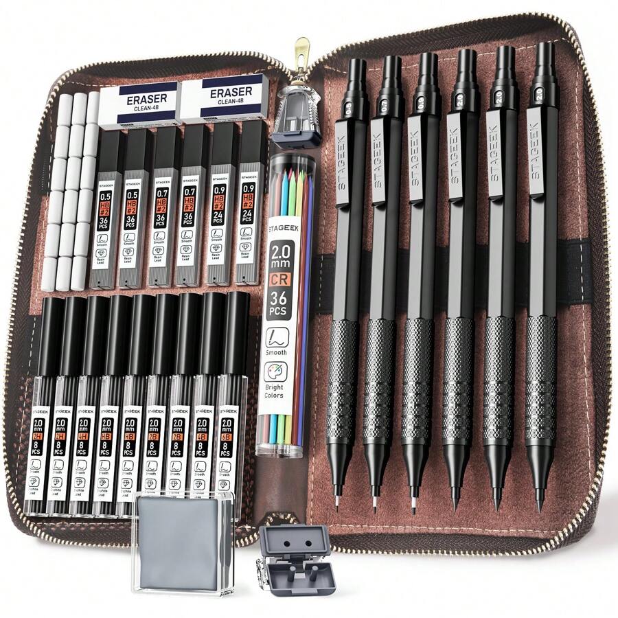 30Pcs Art Metal Mechanical Pencil Set With Leather Case, 6PCS Art Drafting Pencils 0.5, 0.7, 0.9, 2.0MM Mechanical Drawing Pencils With 300PCS Leads For Writing Sketching Drawing - 黑色 - 查看 1