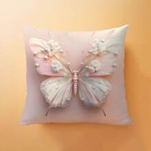 1pc Faux 3D Butterfly & Floral Pearl Decorative Pillow Cover, Single-Sided Soft Peach Velvet Fabric, 45*45/50*50/40*40CM Cushion Cover For Indoor Decor, Party, Gift