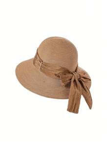 1 pieza Sombrero de paja de verano de unicolor para mujer, sombrero redondo de moda versátil y casual con decoración de perlas y moño, adecuado para compras diarias