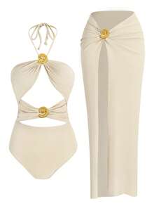 Sexy Women Solid Color Tube One-Piece Swimsuit With High Split Beach Skirt 2 Pieces Beachwear Conch Resort Wear - Beige - View 3