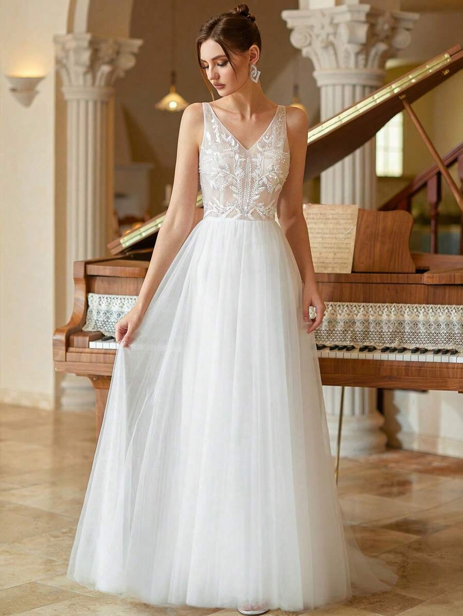 LVNES 复古风V领串珠刺绣新娘礼服——适合婚礼、舞会和毕业典礼 - 白色 - 查看 1