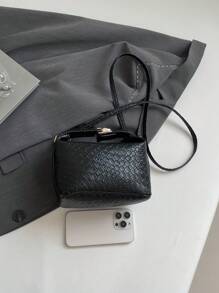 1 件迷你编织图案印花方形包，PU 可调节肩带斜挎包，带拉链，女士时尚手提包，适合日常使用、约会、购物、工作 - 黑色 - 查看 7