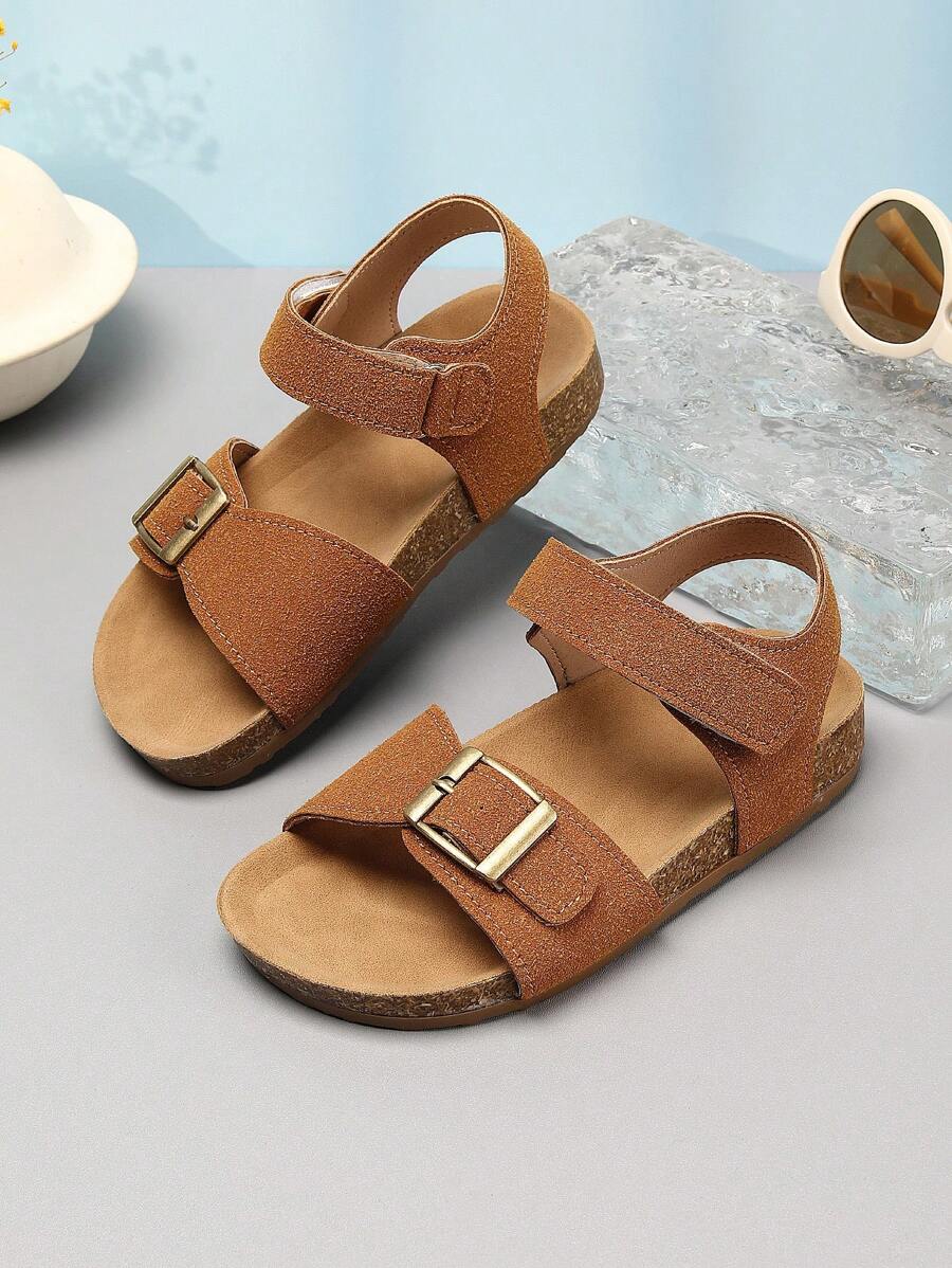 1 Pair Girls' Solid Color Soft Cork Thick Sole Sandals, Cute Solid Color, Comfortable Thick Sole, Children's Fashion Multi-Function Non-Slip Casual Beach Holiday Sandals, Suitable For Summer Outings. - Brown - View 1