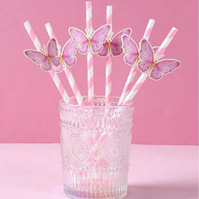 6 pezzi di cannucce di carta a tema farfalla rosa, adatte per compleanni, matrimoni, feste familiari e vacanze