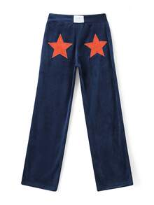 Women Loose Pants Star Patch Drawstring Elastic Waist Trousers Spring Fall Casual Sweatpants Bottoms - 藏蓝色 - 查看 4
