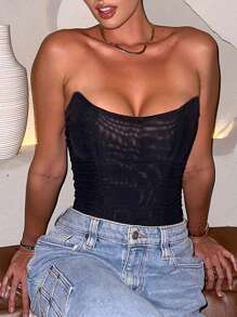 Yuwenier 女士复古无肩带网眼半透明束胸系带背部紧身胸衣塑身抹胸性感外出音乐节