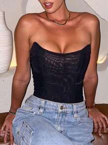 Yuwenier Femei Vintage fără bretele cu plasă semi-transparentă Overbust cu dantelă la spate Corset Bodyshaper Top tub pentru ieșiri sexy Festival de muzică