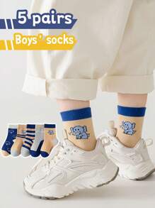 5 Pairs Boys' Mid-Calf Socks With Elephant Design