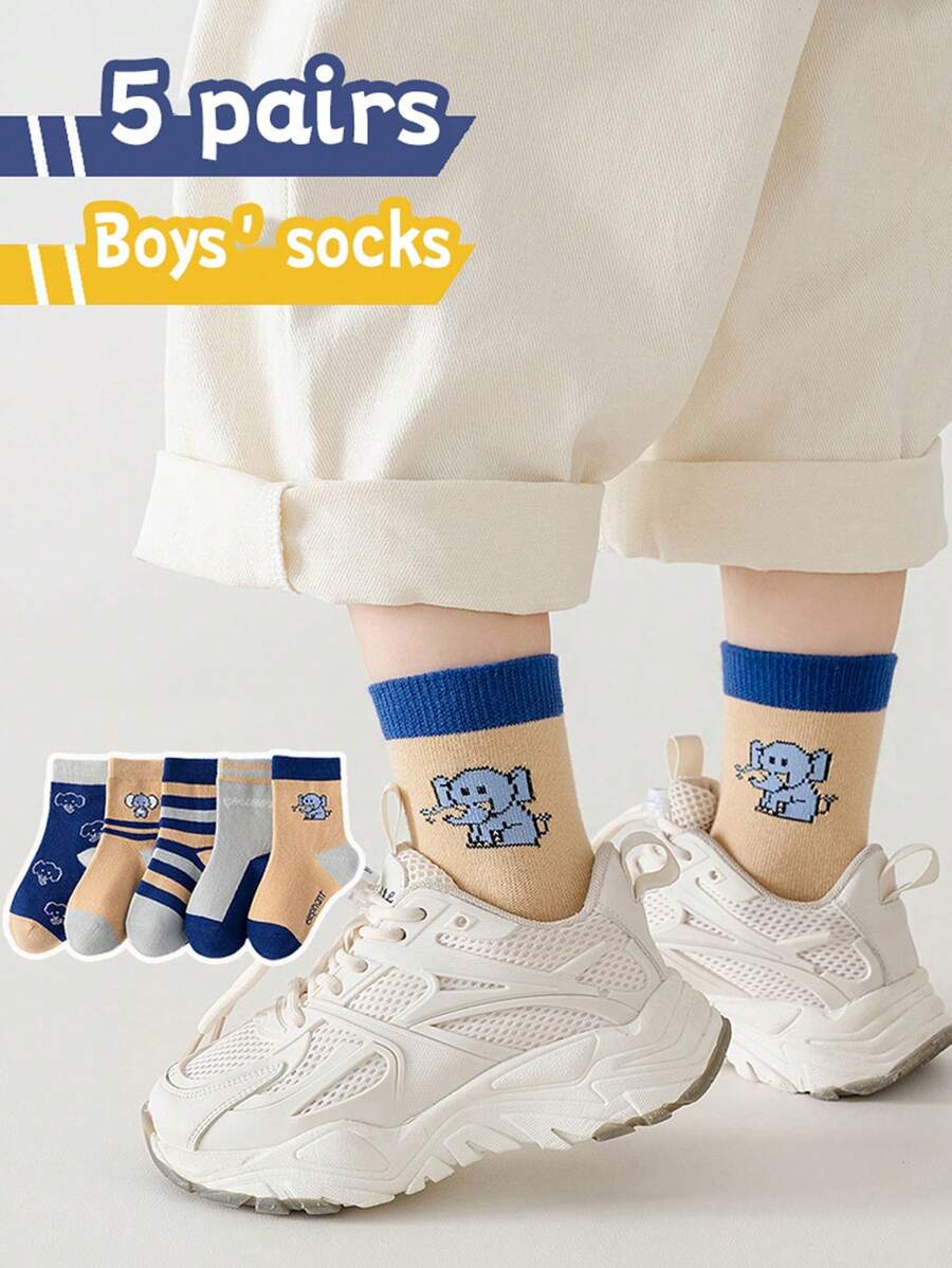 5 Pairs Boys' Mid-Calf Socks With Elephant Design