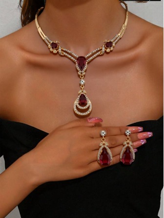 3 件套红色水滴玻璃水钻项链和耳环套装，女士珠宝套装，适合情人节、圣诞节、婚礼、派对、约会、礼物、妈妈、母亲、母亲节、礼物