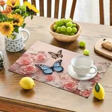 1/4/6-Piece Spring Table Placemats, Designed With Beautiful Flowers And Butterflies, Woven From 100% Polyester Fiber, Machine Washable Polyester Placemats, Heat-Resistant, Stain Resistant, Waterproof, Easy To Clean, Suitable For Desktop Decoration, Holiday Party Decoration, Desktop Protection, Can Be Used As Gifts, Household Items, Kitchen Supplies, And Spring Interior Decoration.