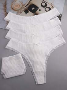 5 条装女士白色可爱蝴蝶结蕾丝边性感丁字裤 - 白色 - 查看 5