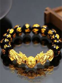1 pezzo Braccialetto Feng Shui per ricchezza e fortuna, braccialetto in ossidiana nera Feng Shui Pixiu per la prosperità, con perle Buddha, braccialetto elastico come gioiello unisex