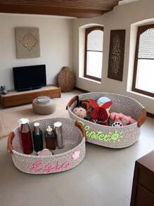 1pc Customized Handmade Woven Storage Basket, Suitable For Bathroom, Bedroom, Living Room, Kids Toys, Pet Supplies, Wedding Decor, Valentines Day, Halloween, School Season, Home Storage