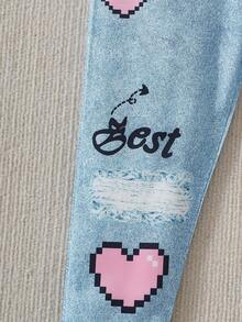 2pcs/Set Summer Young Girls Cartoon Cat Print Sleeveless Round Neck Tank Top & Denim Effect Heart Print Flare Pants - Pink - View 7