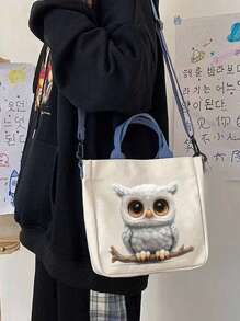 1pc Owl Printed Polyester Tote Bag For Women, Large Capacity Casual Shoulder Bag,Detachable Shoulder Strap, Versatile Fashion Handbag For Party, Travel, Suitable For Gifts To Family And Friends,Shopping - White