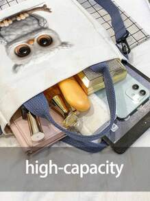 1pc Owl Printed Polyester Tote Bag For Women, Large Capacity Casual Shoulder Bag,Detachable Shoulder Strap, Versatile Fashion Handbag For Party, Travel, Suitable For Gifts To Family And Friends,Shopping - White