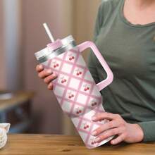 1 件格子粉色主题，蝴蝶结樱桃印花，40 盎司理想容量，不锈钢保温杯，带手柄的车载杯，方便携带，双面设计，防倾倒杯，保温咖啡杯，冷热皆宜，双层隔热，可用洗碗机清洗，送给家人和朋友的礼物，适用于各种场景