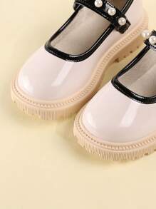 1 双新款时尚可爱蝴蝶结 PU 仿珍珠钩环防滑耐磨舒适百搭女童鞋，适合春秋季户外、日常、派对和学校穿着，玛丽珍平底鞋 - 米色 - 查看 6