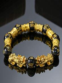 1 pezzo Braccialetto Feng Shui per ricchezza e fortuna, braccialetto in ossidiana nera Feng Shui Pixiu per la prosperità, con perle Buddha, braccialetto elastico come gioiello unisex