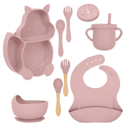 8 Piezas Platos Para Bebe,Juego de silicona de grado alimenticio para bebé, incluye tenedor y cuchara para bebé, bolsa de arroz, baberos para bebe, plato de cena, complemento alimenticio, vajilla con ventosa anticaída