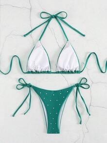 New European And American Rhinestone Embellished Women Bikini Swimwear Set - Teal Blue - View 2