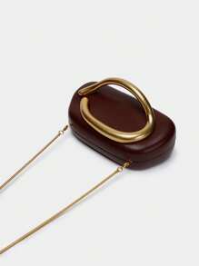 时尚简约金属扣装饰手拿包，晚宴包，欧美复古晚宴包，金属链条，盒状包，适合派对。 - 咖啡棕 - 查看 7