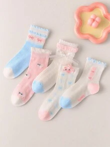 5 pares de calcetines para niños con diseños de corazón, moño y animales lindos, uso elegante y casual diario, calcetines de media caña suaves y cómodos de malla