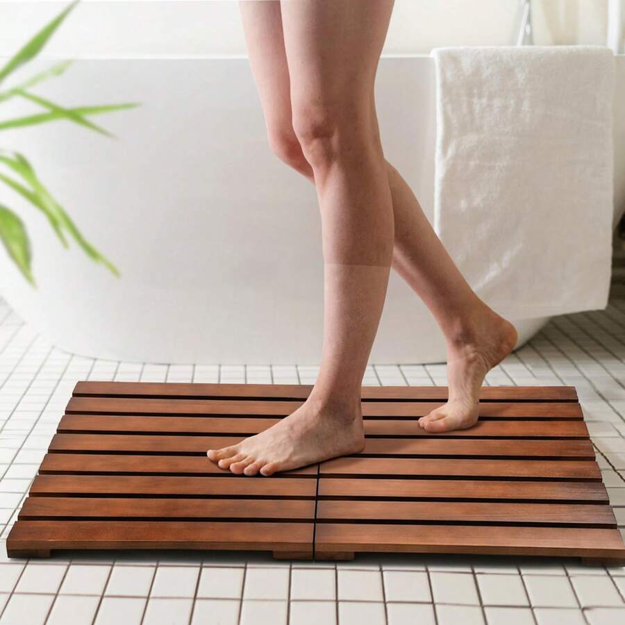 Teak Shower Mat, Foldable Luxury Wooden Shower Mat, Non-Slip Wood Bath Mat For Bathroom, Bathtub, Spa, Sauna, Pool, Indoor Outdoor Water-Resistant Bathroom Floor Mat Home Bathroom Decor Summer Back To School - Redwood - View 1