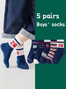 5 双男童字母印花中筒袜，适合日常穿着 - 藍色 - 查看 7
