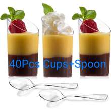 10/20/30/40/50 Piezas Vasos de postre de 2.5oz/80ml con cucharas, redondeados y en ángulo, de plástico transparente para parfait, aperitivos, pequeños vasos, cuencos para degustar postres y aperitivos en fiestas