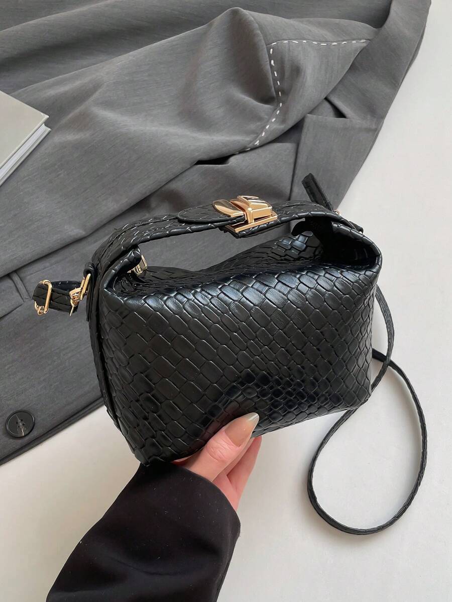 1 件迷你编织图案印花方形包，PU 可调节肩带斜挎包，带拉链，女士时尚手提包，适合日常使用、约会、购物、工作 - 黑色 - 查看 1