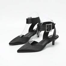 Große Größen Damen Lässige Spitze Zeh Schnallen Dekor Stilettos Schwarz Hohe Absatz Sandalen, vielseitig für EU & US Markt