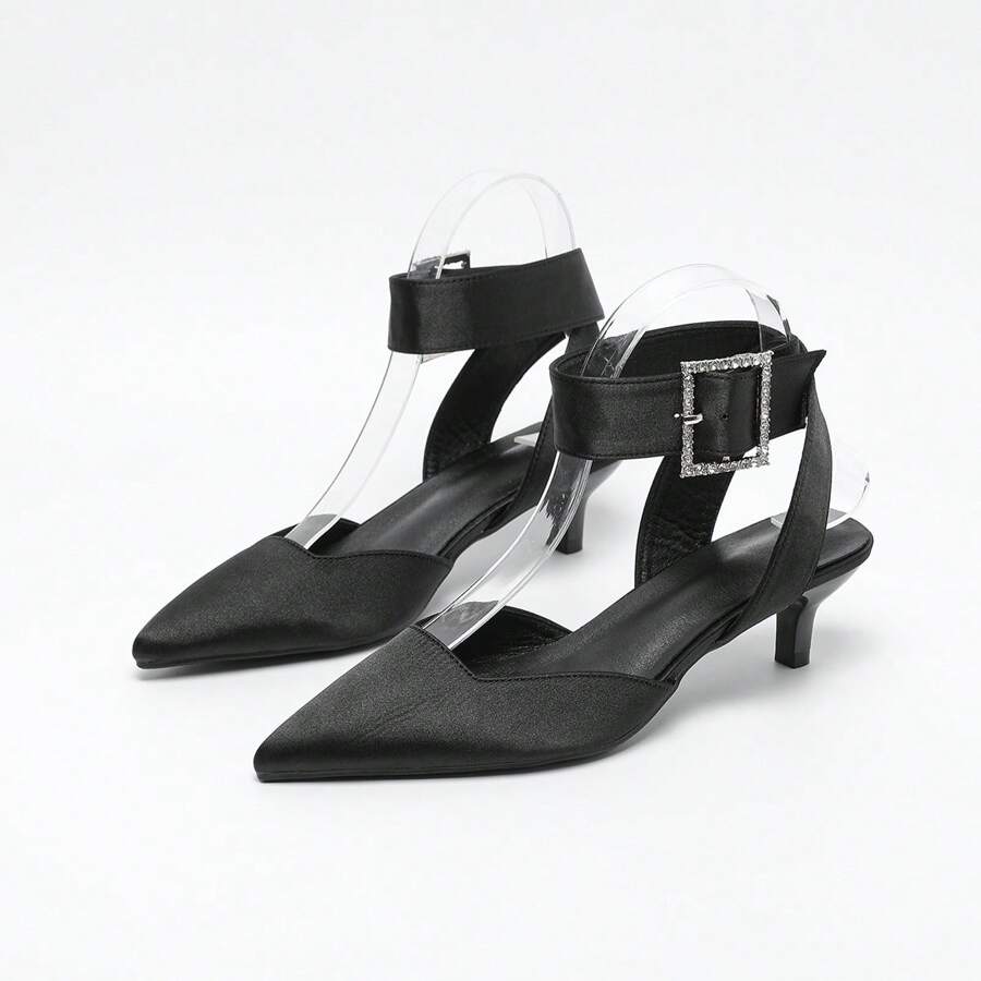 Große Größen Damen Lässige Spitze Zeh Schnallen Dekor Stilettos Schwarz Hohe Absatz Sandalen, vielseitig für EU & US Markt
