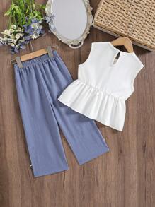 2 件套女童夏季优雅可爱时尚简约百搭双层蝴蝶结装饰无袖吊带背心搭配蝴蝶结装饰阔腿裤，适合上学和外出