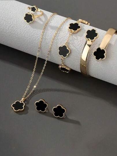 5pcs/Set Lucky Flower Bracelet, Necklace, Earrings, Ring Jewelry Set, Suitable For Daily Wear And Holiday Gifts