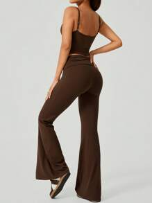 NcmRyu Women's High Stretch Solid Color Spaghetti Strap Padded Camisole & Flare Waist Yoga Pants Activewear Set