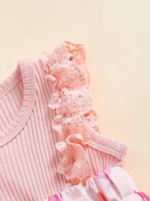 Cute Infant Girl Lace Trim + Butterfly Print Ruffle Hem Pink Bodysuit, Adorable Princess Style Photo Shoot Outfit For Summer - Pink - View 5